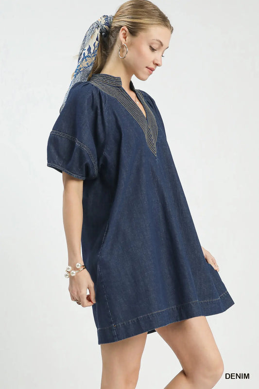 Denim Puff Sleeve Mini Dress