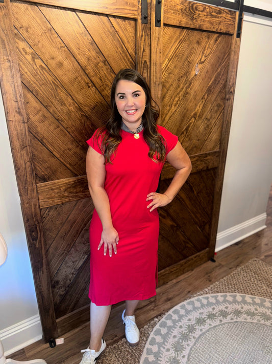 Round Neck Short Sleeve Midi Dress: RED