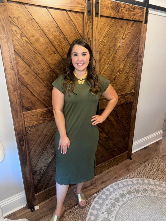 Round Neck Short Sleeve Midi Dress: DK OLIVE