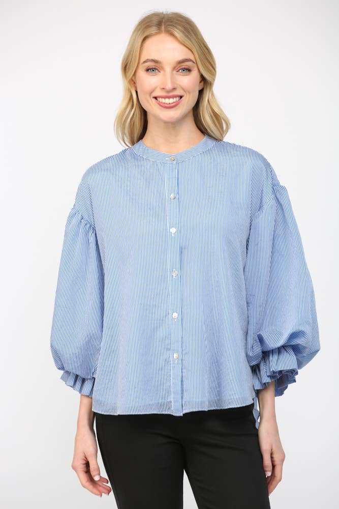 Pinstripe Bubble Sleeve Blouse