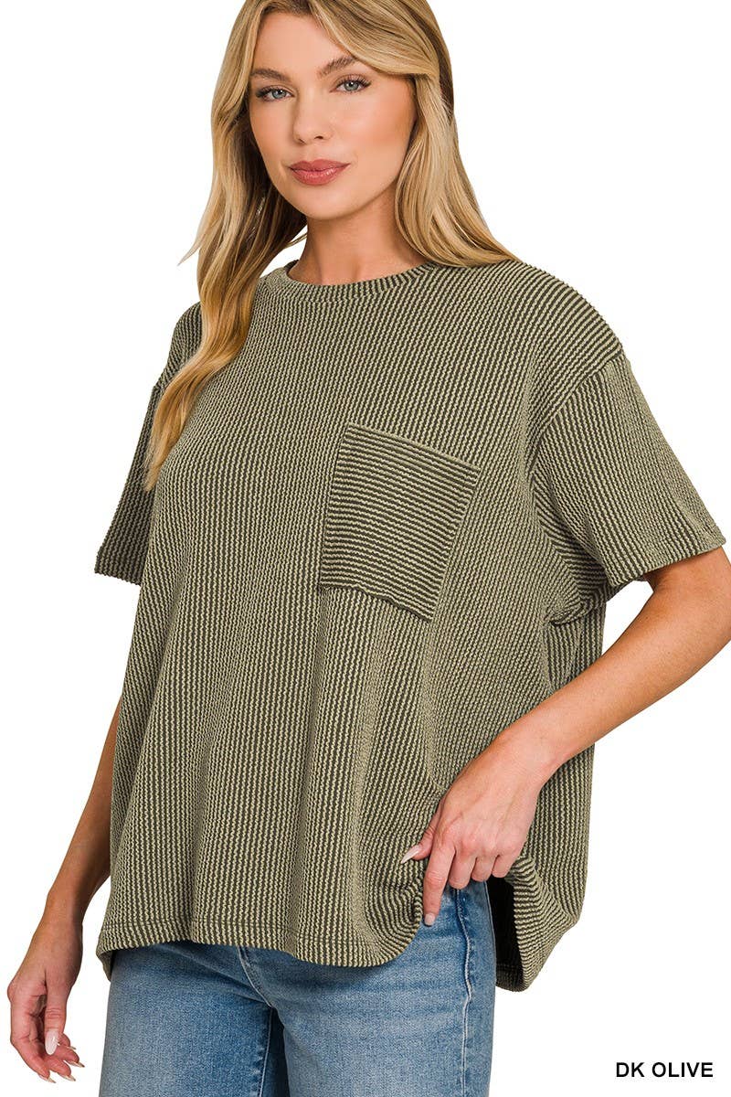 Corded Short Sleeve Front Pocket Top
