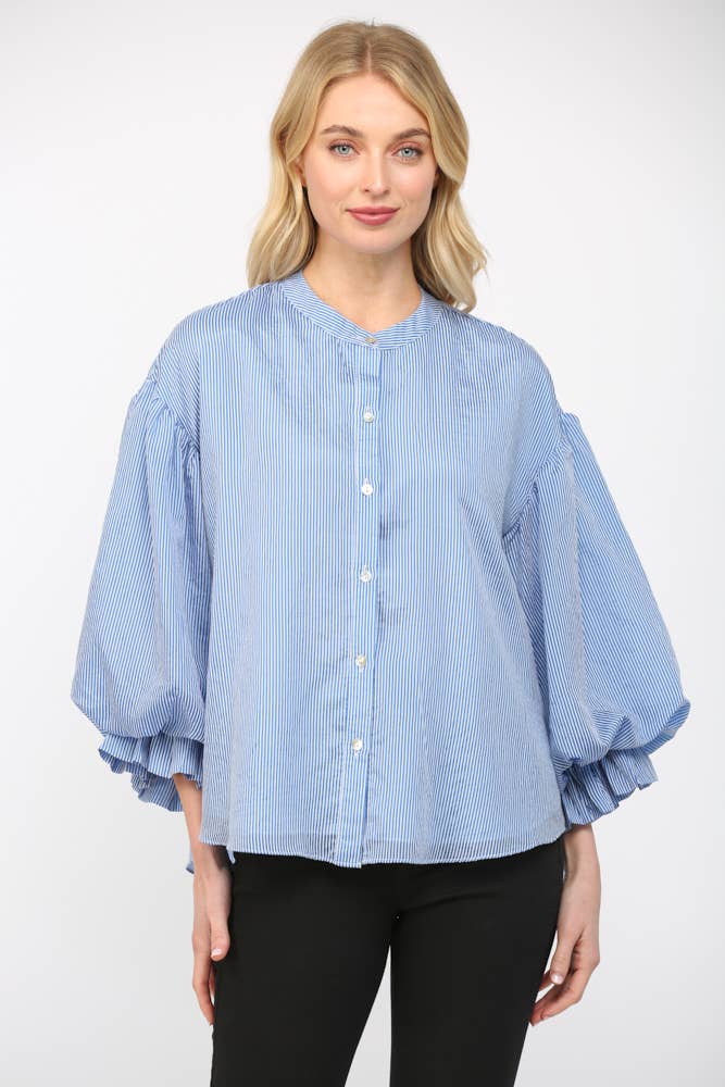 Pinstripe Bubble Sleeve Blouse