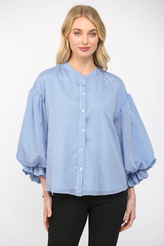 Pinstripe Bubble Sleeve Blouse