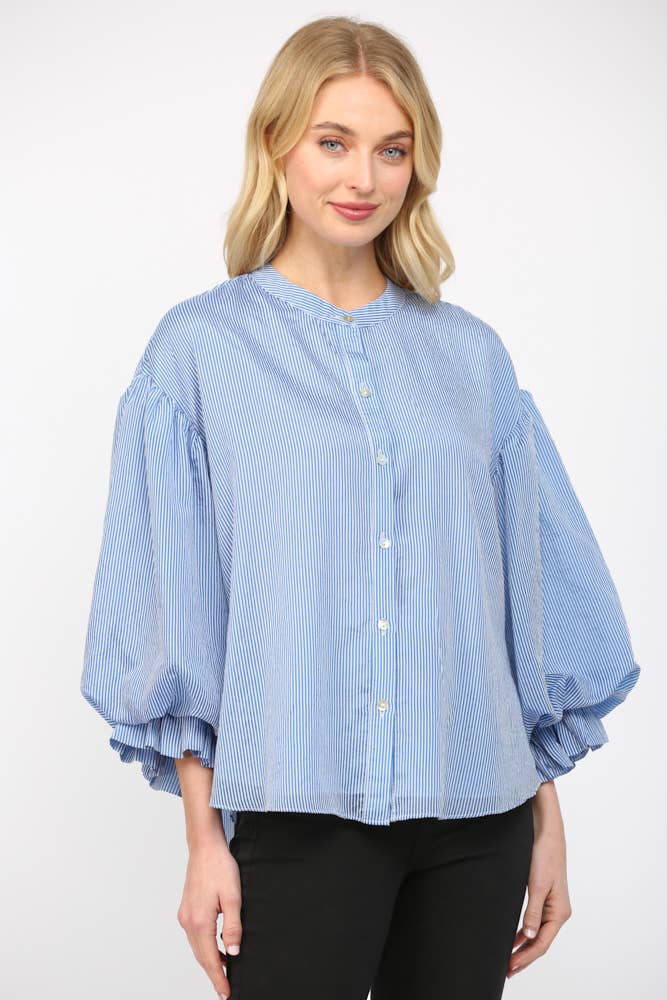 Pinstripe Bubble Sleeve Blouse