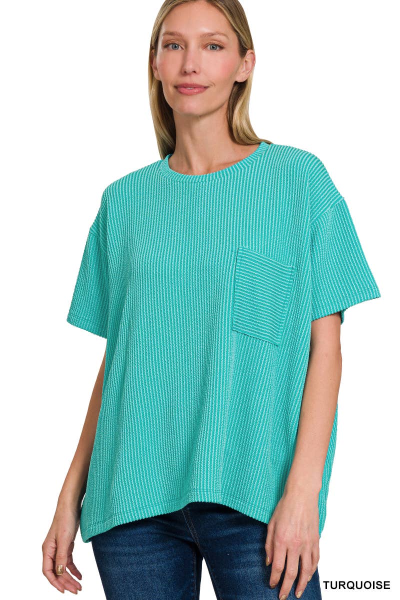 Corded Short Sleeve Front Pocket Top