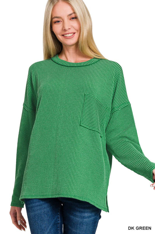 Corded Rib Long Sleeve Top: DK GREEN