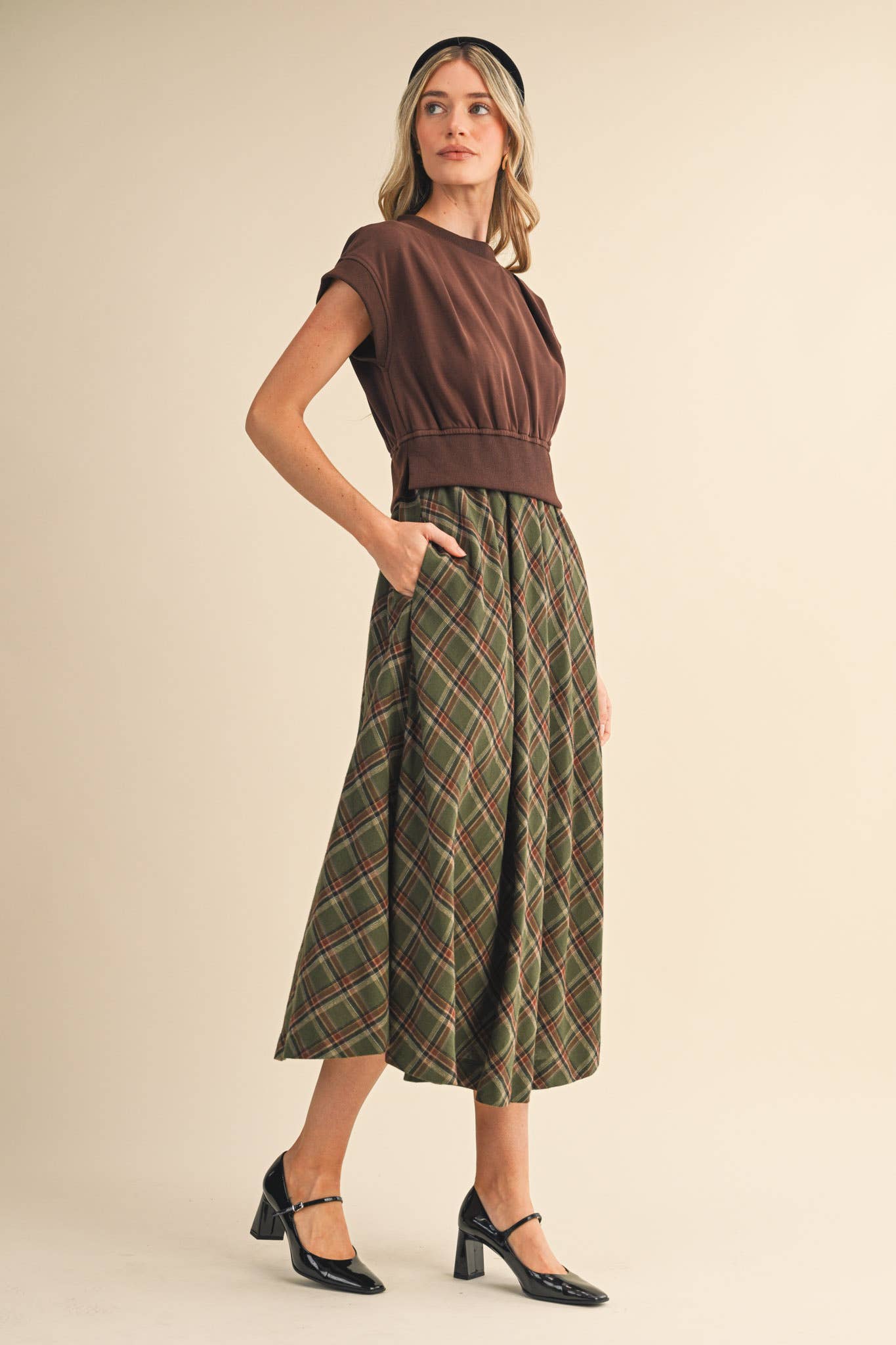 Brown Plaid Midi Dress