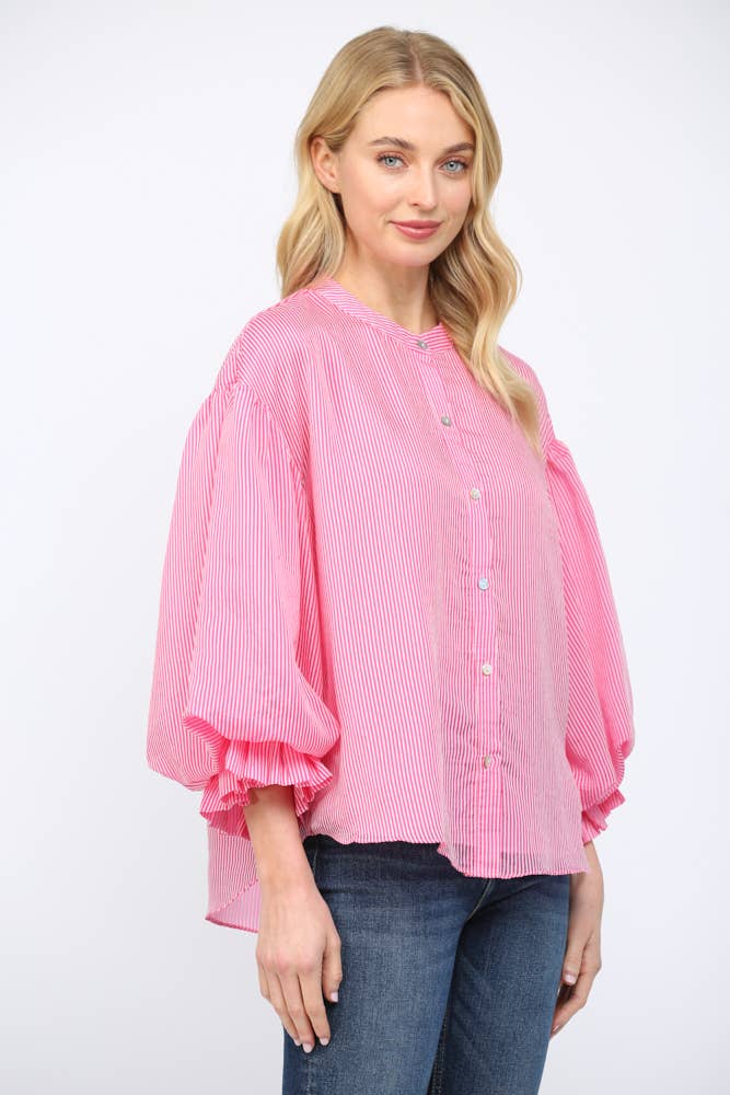 Pinstripe Bubble Sleeve Blouse