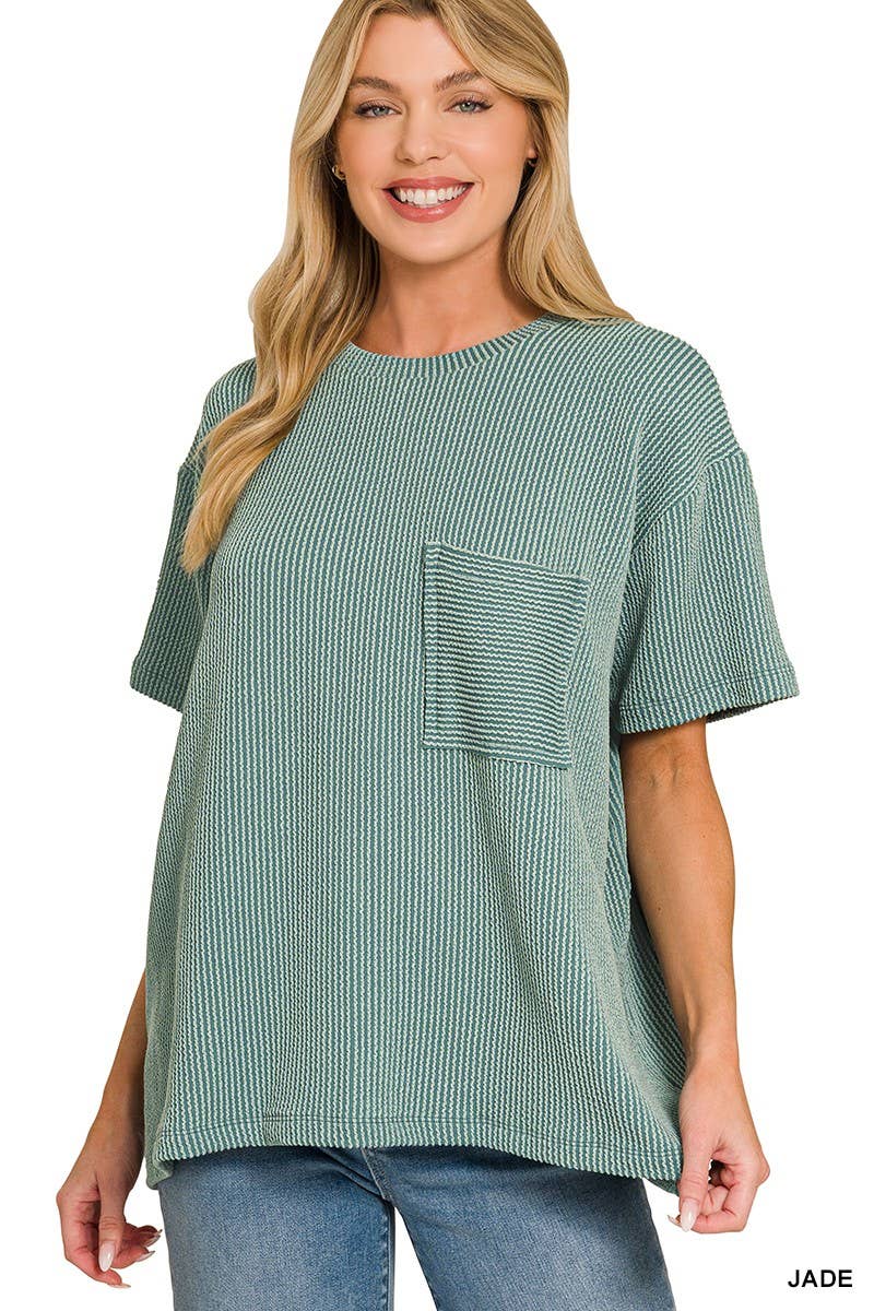 Corded Short Sleeve Front Pocket Top