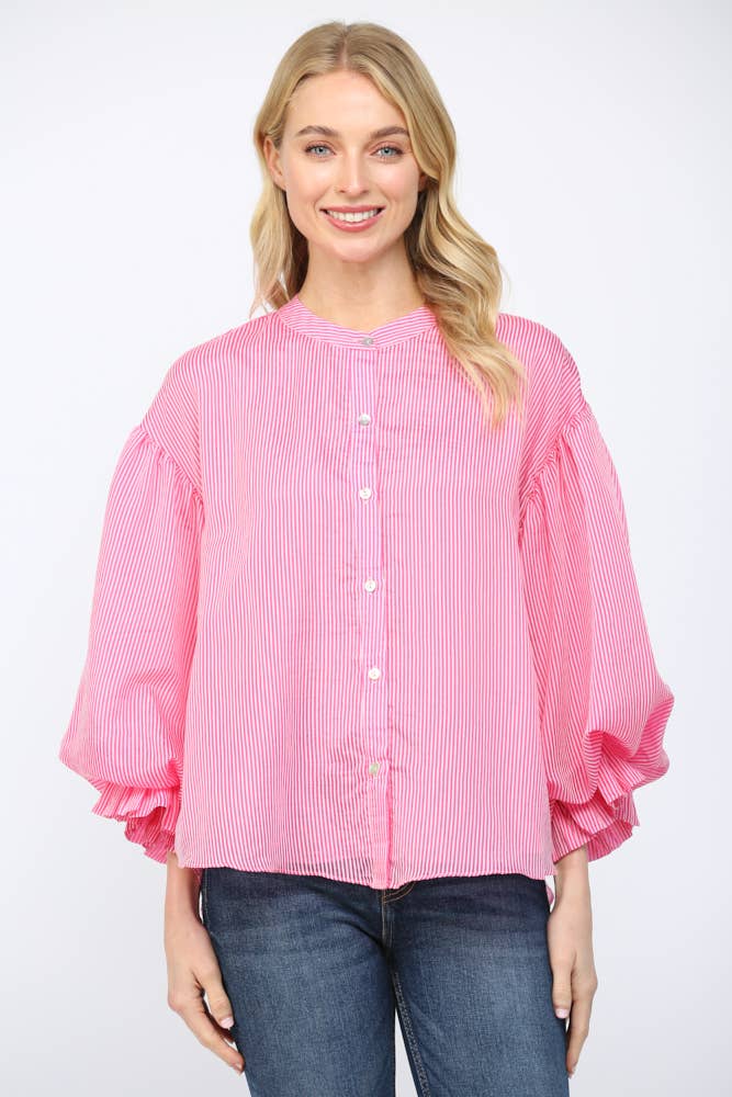 Pinstripe Bubble Sleeve Blouse