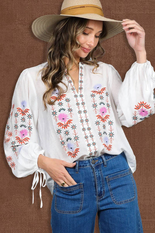 White Embroidered Long Puff Blouse