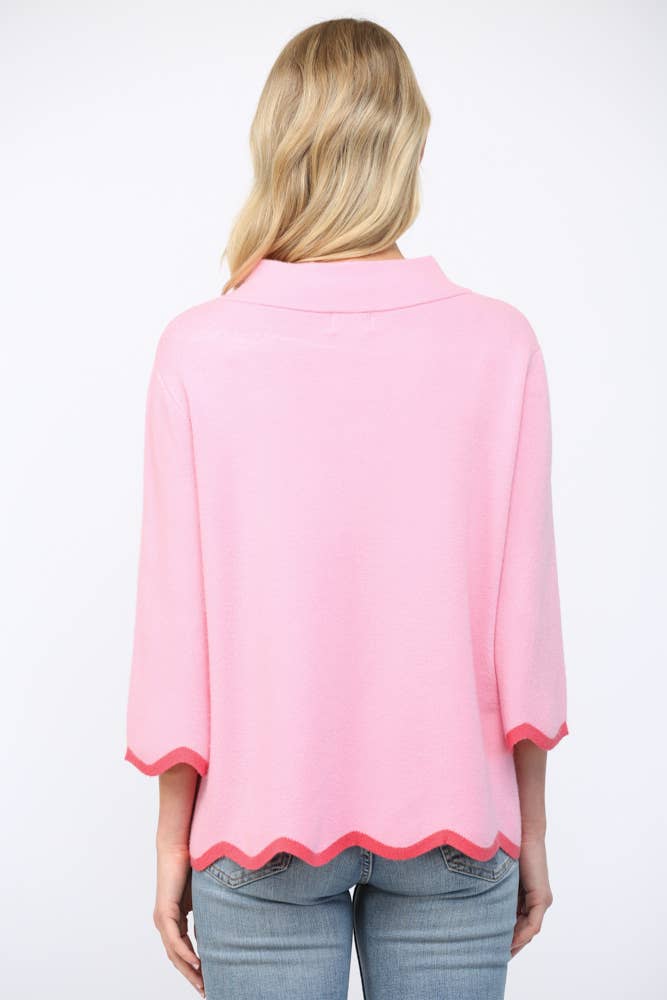 Pink Scallop Mock Neck Sweater