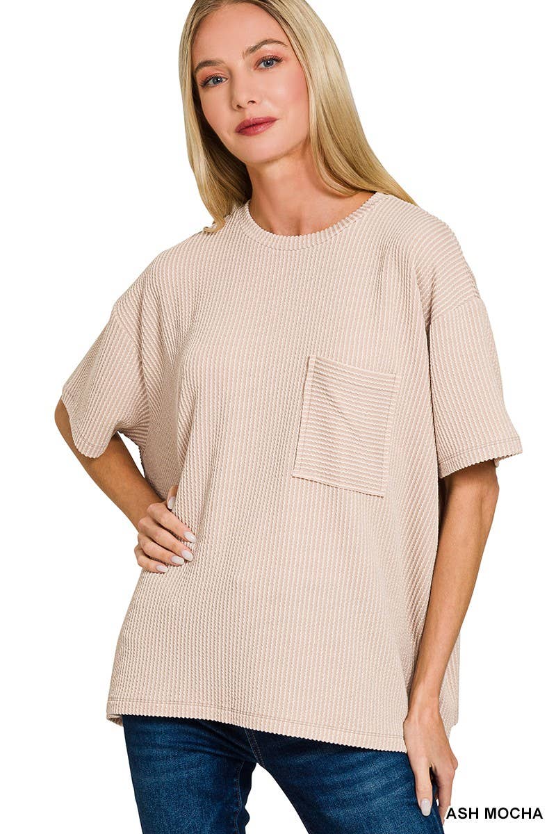 Corded Short Sleeve Front Pocket Top