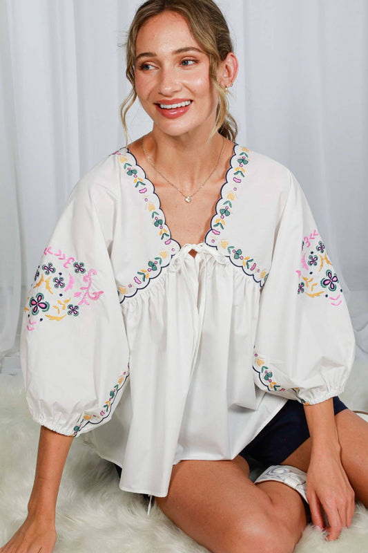 V-Neck Tie Front Floral Embroidered Boho Blouse