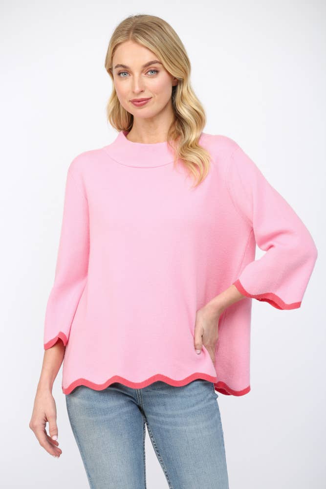 Pink Scallop Mock Neck Sweater