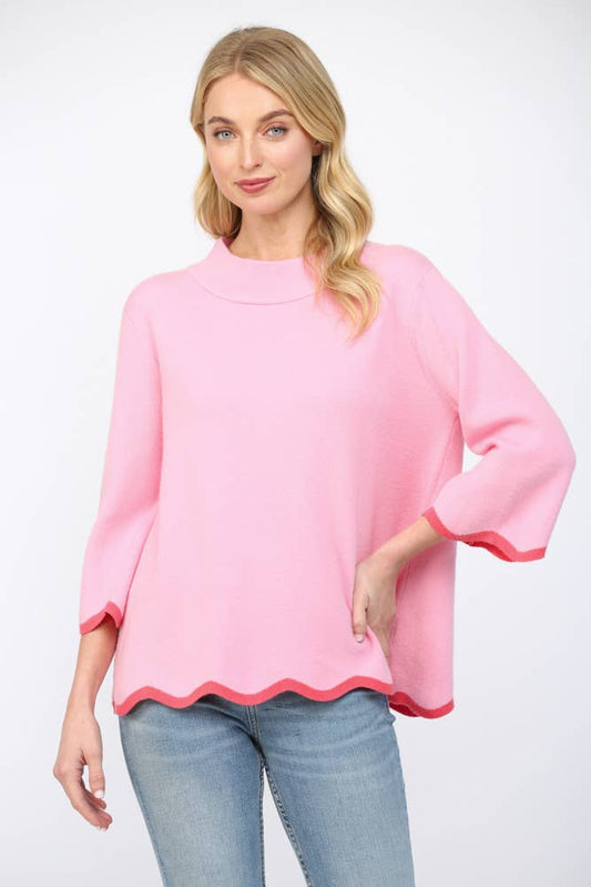 Pink Scallop Mock Neck Sweater