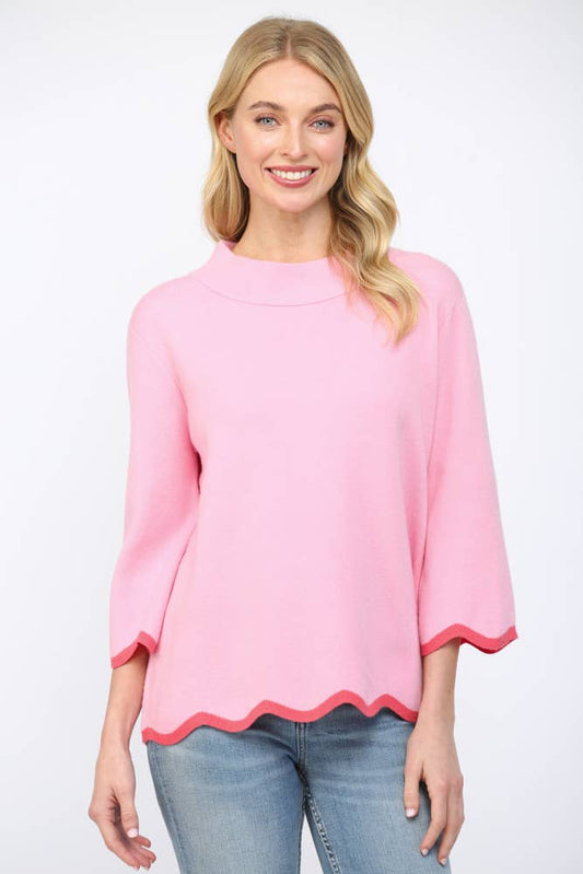 Pink Scallop Mock Neck Sweater