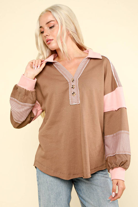 Mocha Color Block Oversized Casual Knit Top