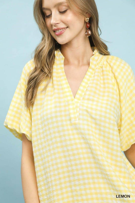 Gingham Bubble Sleeve V-neck Top
