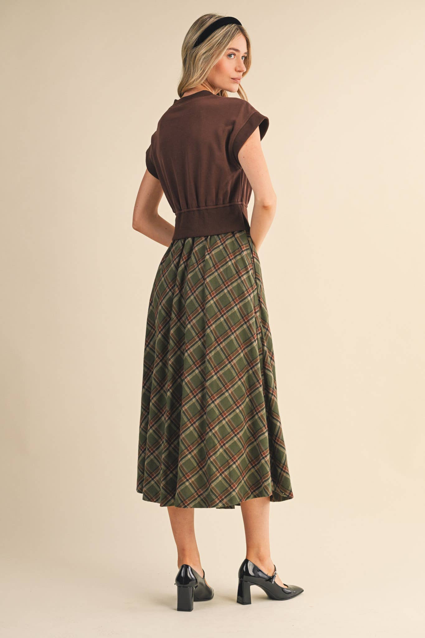 Brown Plaid Midi Dress