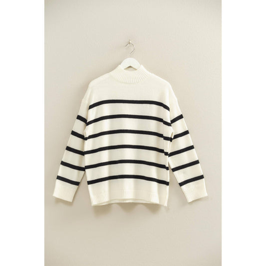 Striped Oversized High Neck Sweater: CREAM