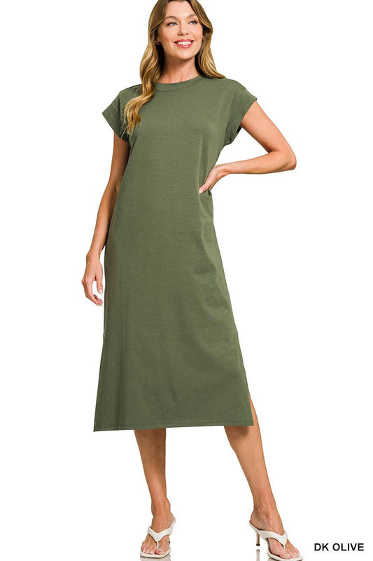 Round Neck Short Sleeve Midi Dress: DK OLIVE