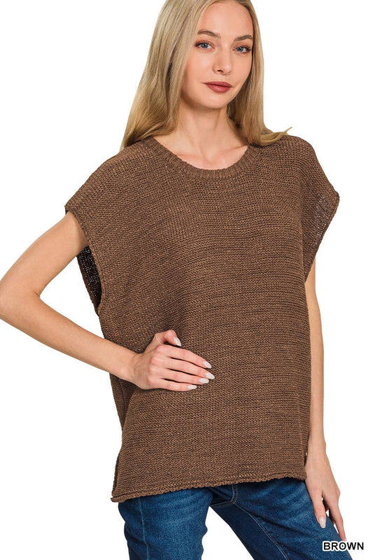 Oversized Crew Neck Sweater Vest: BROWN