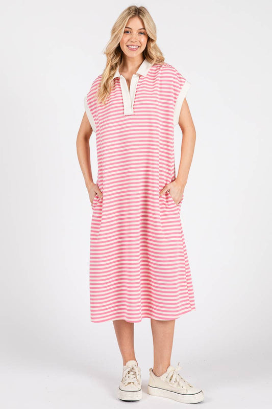 Pink Striped Relaxed Fit Midi Dress