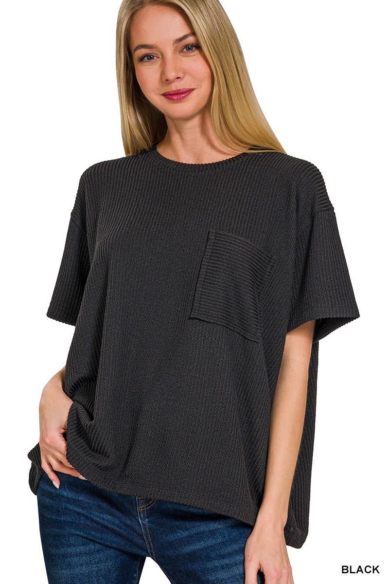 Corded Short Sleeve Front Pocket Top