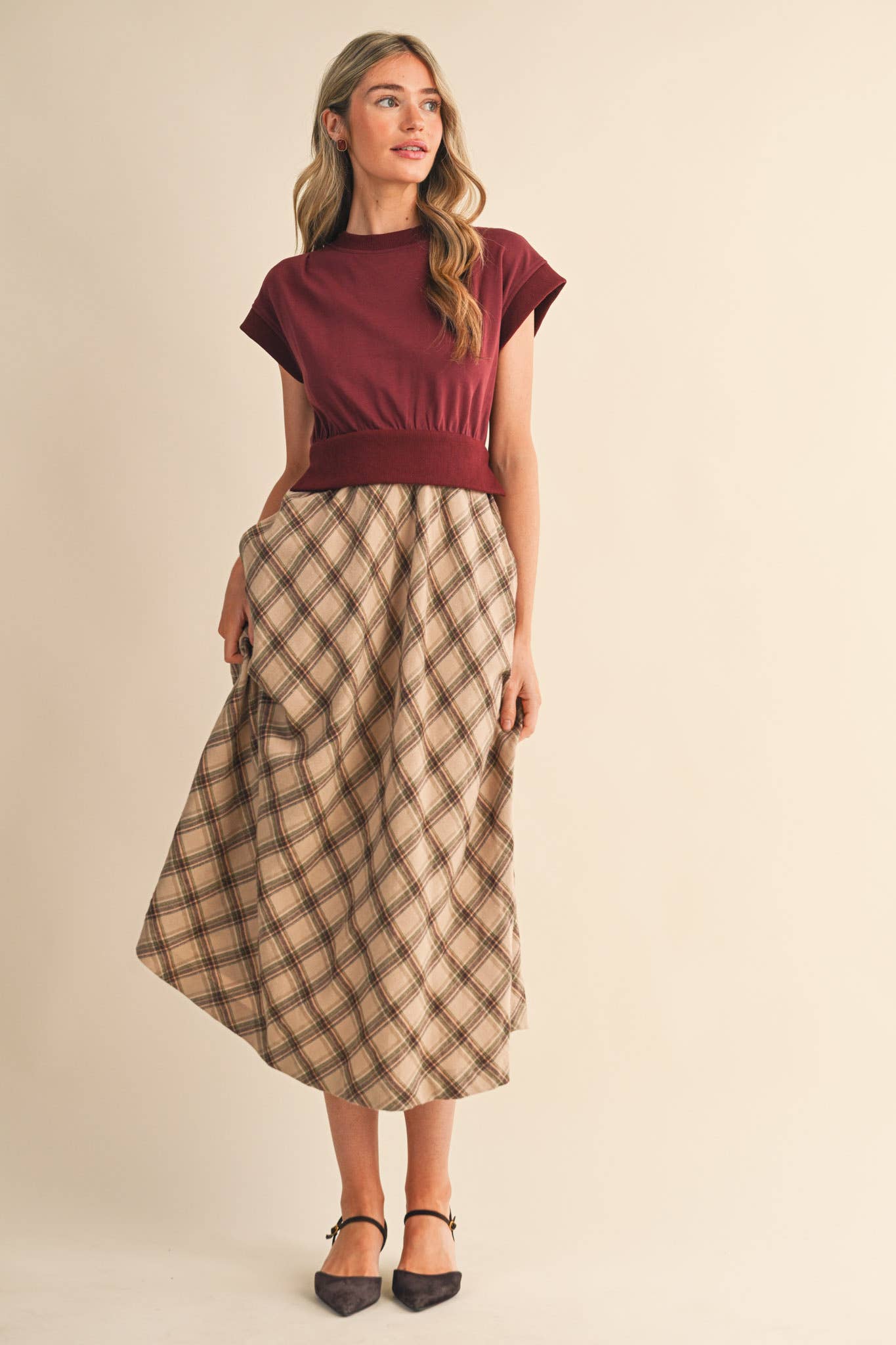 Brown Plaid Midi Dress